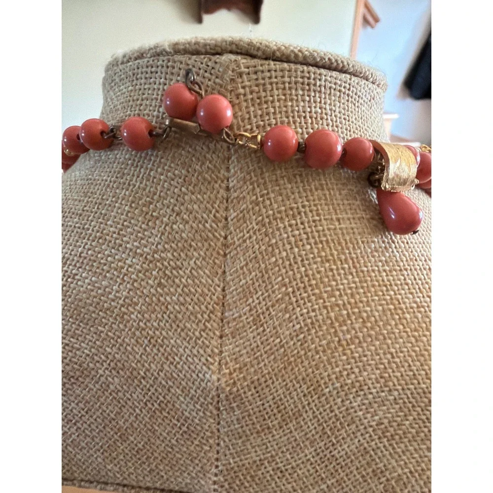 Vintage Style Coral Pink Beaded Multi Strand Gold Tone Chain Necklace